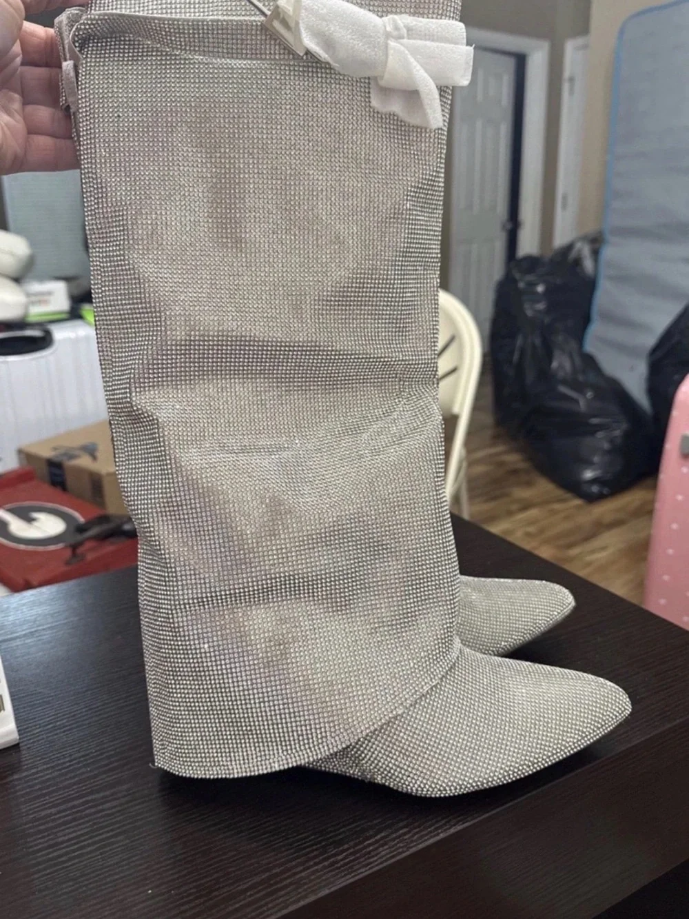 Fashion Nova Silver Rhinestone Over-the-Knee Pointed Toe Boots